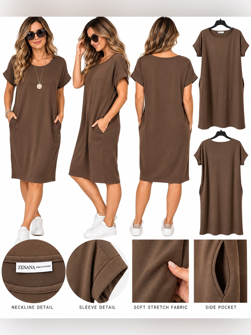 Zenana Outfitters Relaxed Short Sleeve Midi Dress in Brown